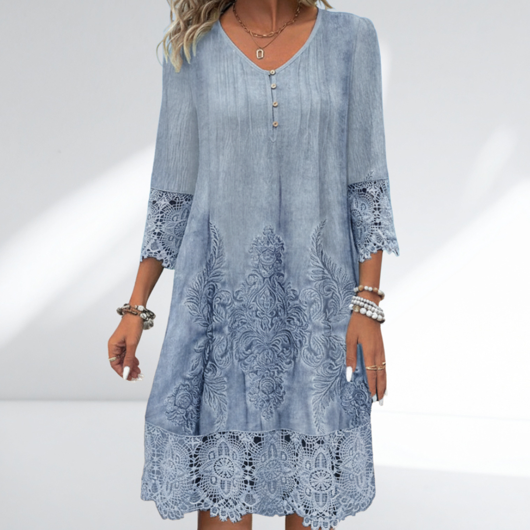 Damen Vintage besticktes Shift-Kleid mit V-Ausschnitt, Spitzenbesatz, dreiviertel Ärmeln und gewelltem Saum