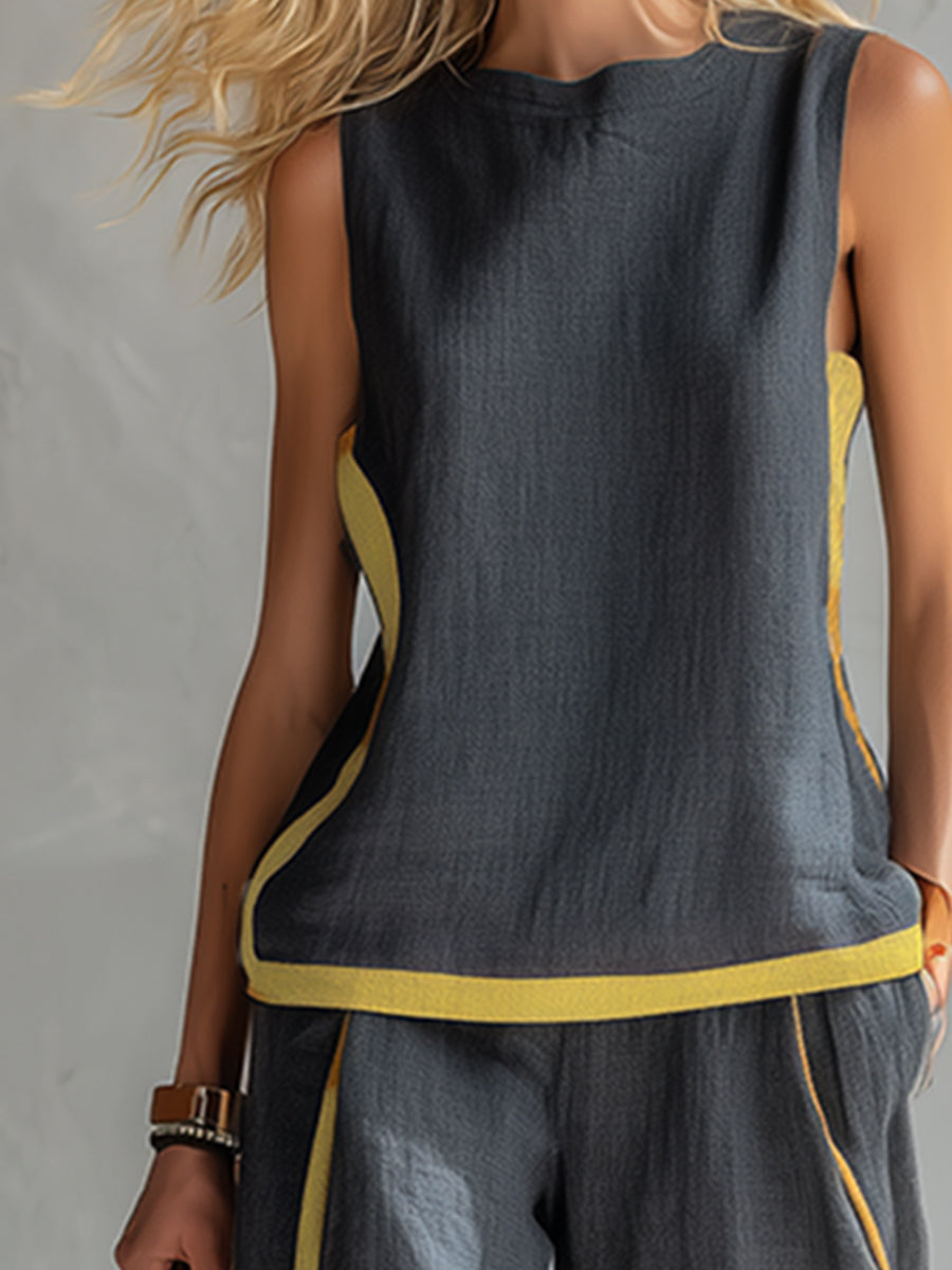 Women's Sleeveless Contrast Trim Top and Wide Leg Trouser Set