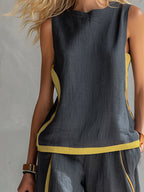 Women's Sleeveless Contrast Trim Top and Wide Leg Trouser Set