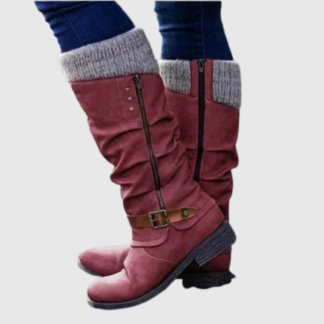 Women's Mid-Calf Boots with Knit Cuffs and Buckle Detail