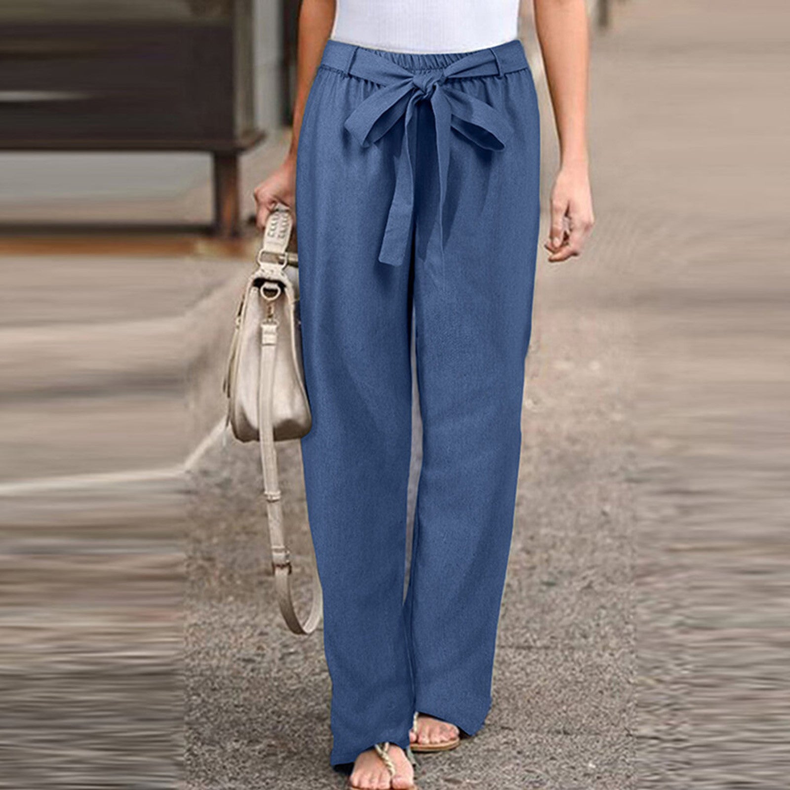 Damen Locker sitzende Hosen mit weitem Bein, verstellbarer Taille und Leinen-Feeling-Stoff