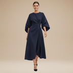 Elegantes Damen-Midikleid mit Bootsausschnitt, weiten Ärmeln, tailliertem Bund und ausgestelltem A-Linien-Rock