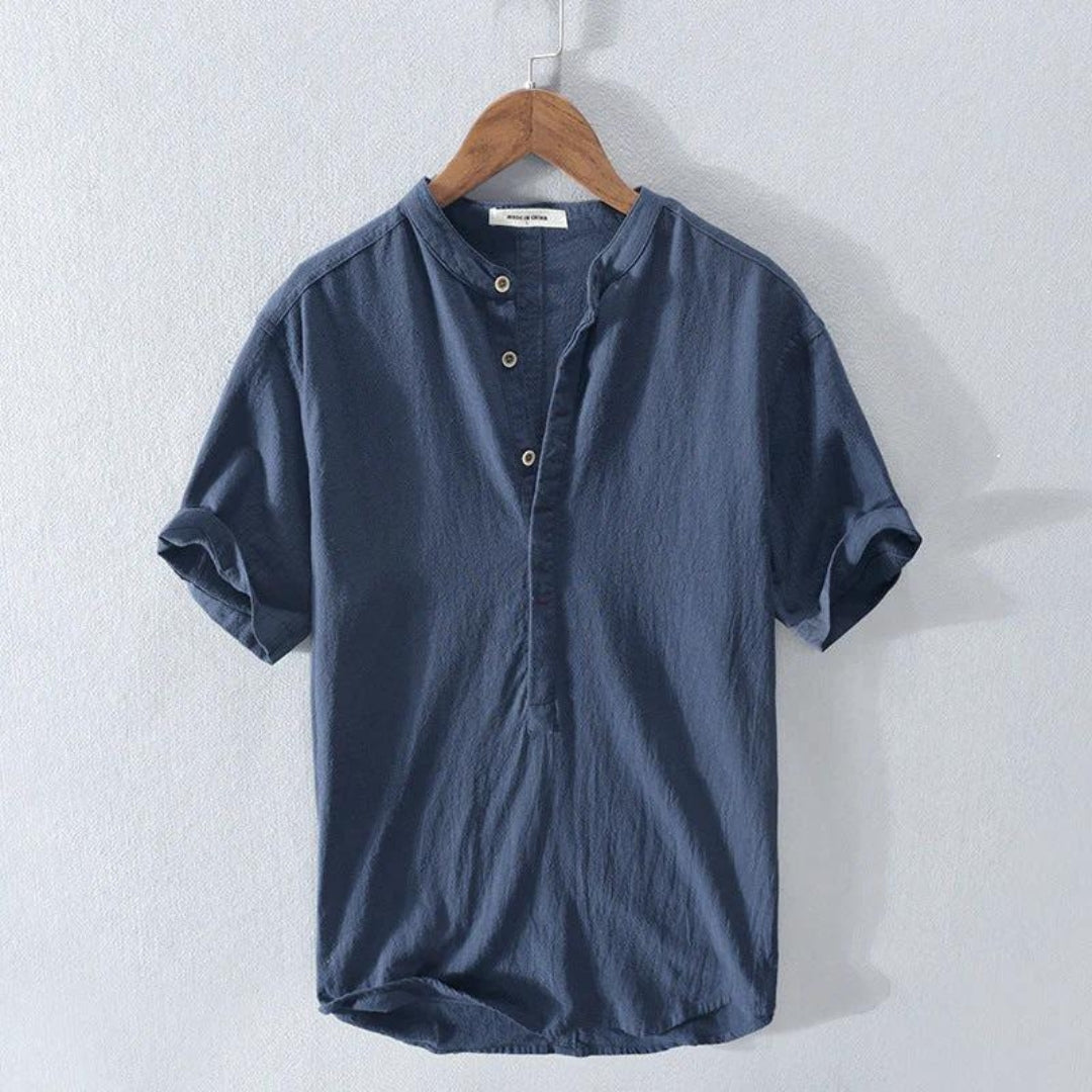 Men's Short-Sleeve Henley Shirt with Linen Blend for Summer Wear