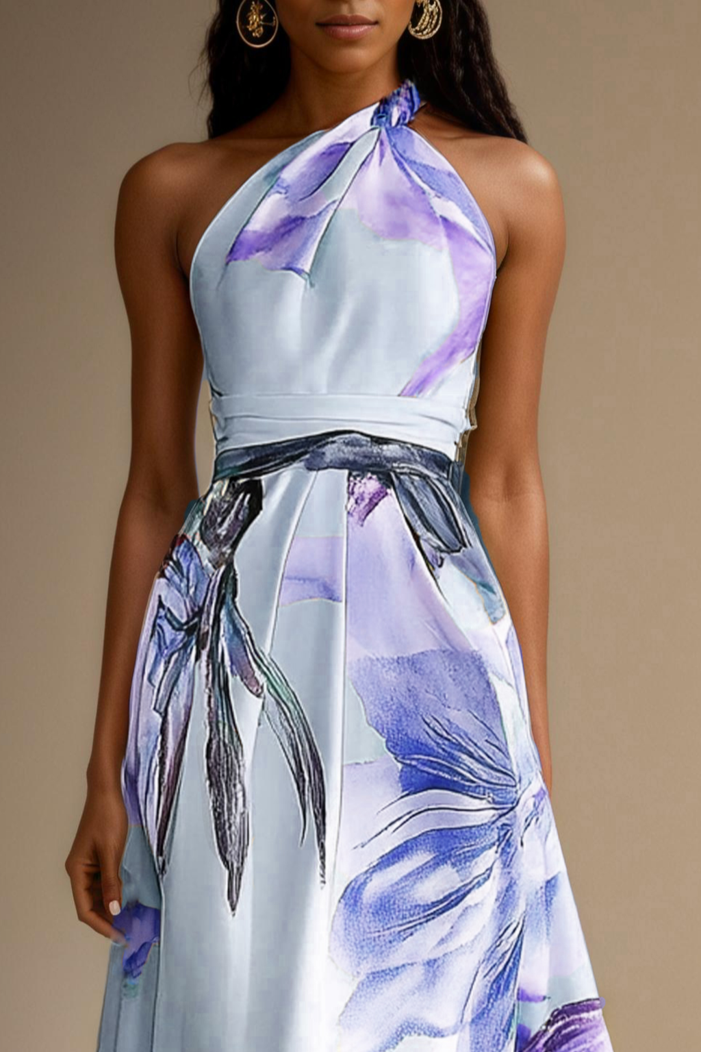 Maxikleid für Damen mit Blumenmuster, Neckholder und Taillenband-Detail