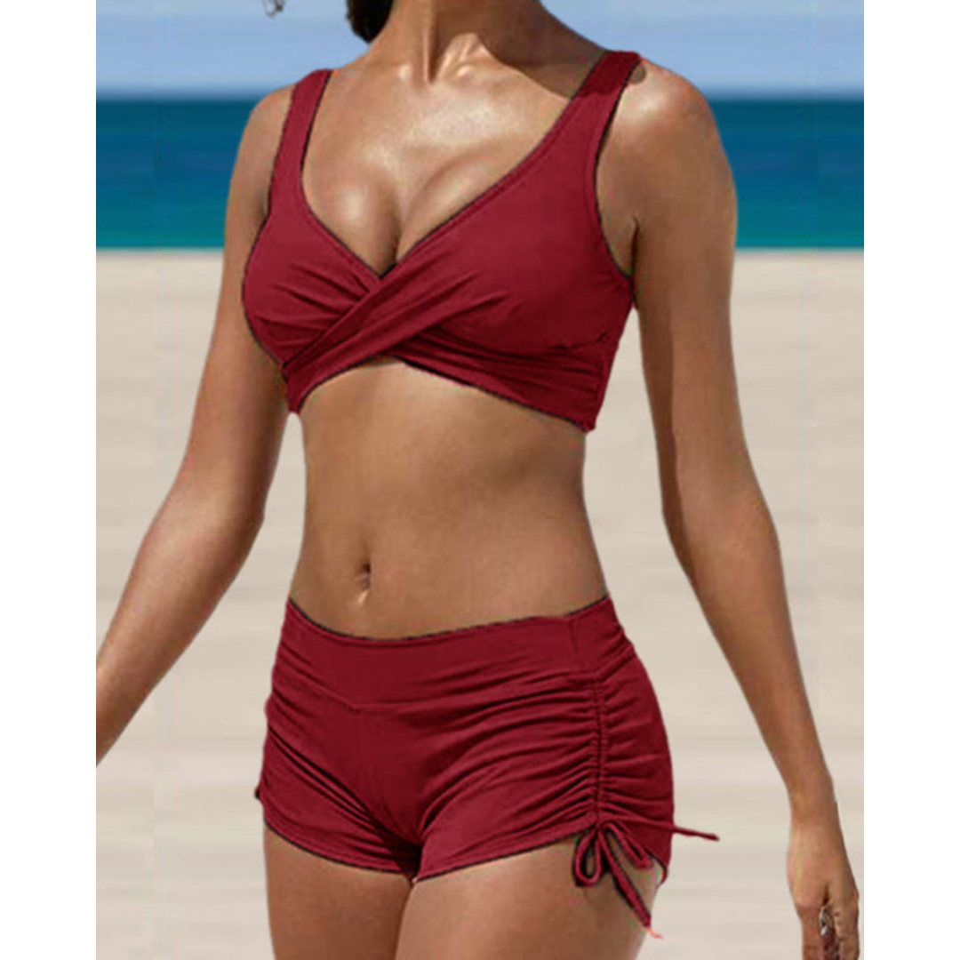 Damen Zweiteiliger Badeanzug mit Batik-Print und gerafften Shorts