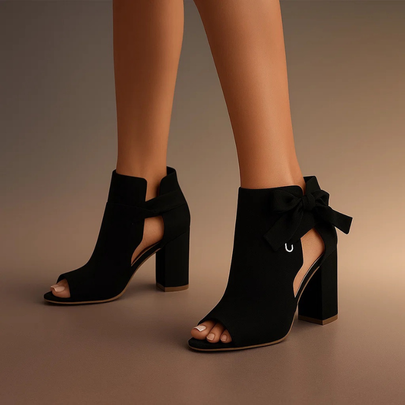 Women's Peep Toe Bow Block Heel Ankle Boots