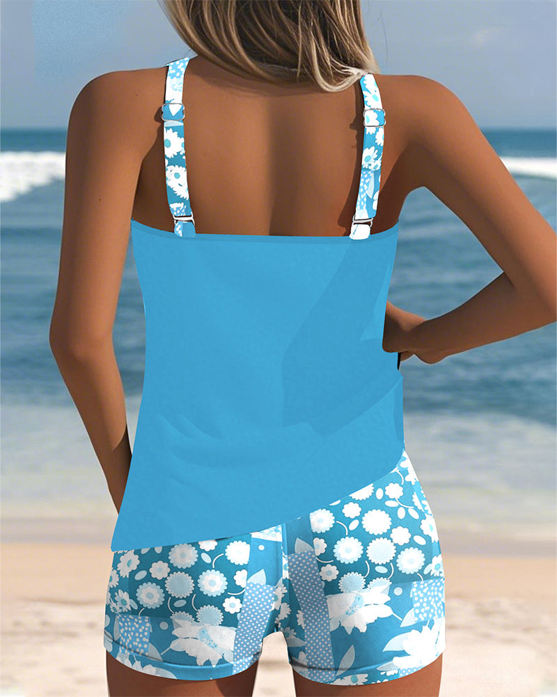 Women's Two-Piece Tankini Swim Set with Floral Print and Swim Shorts