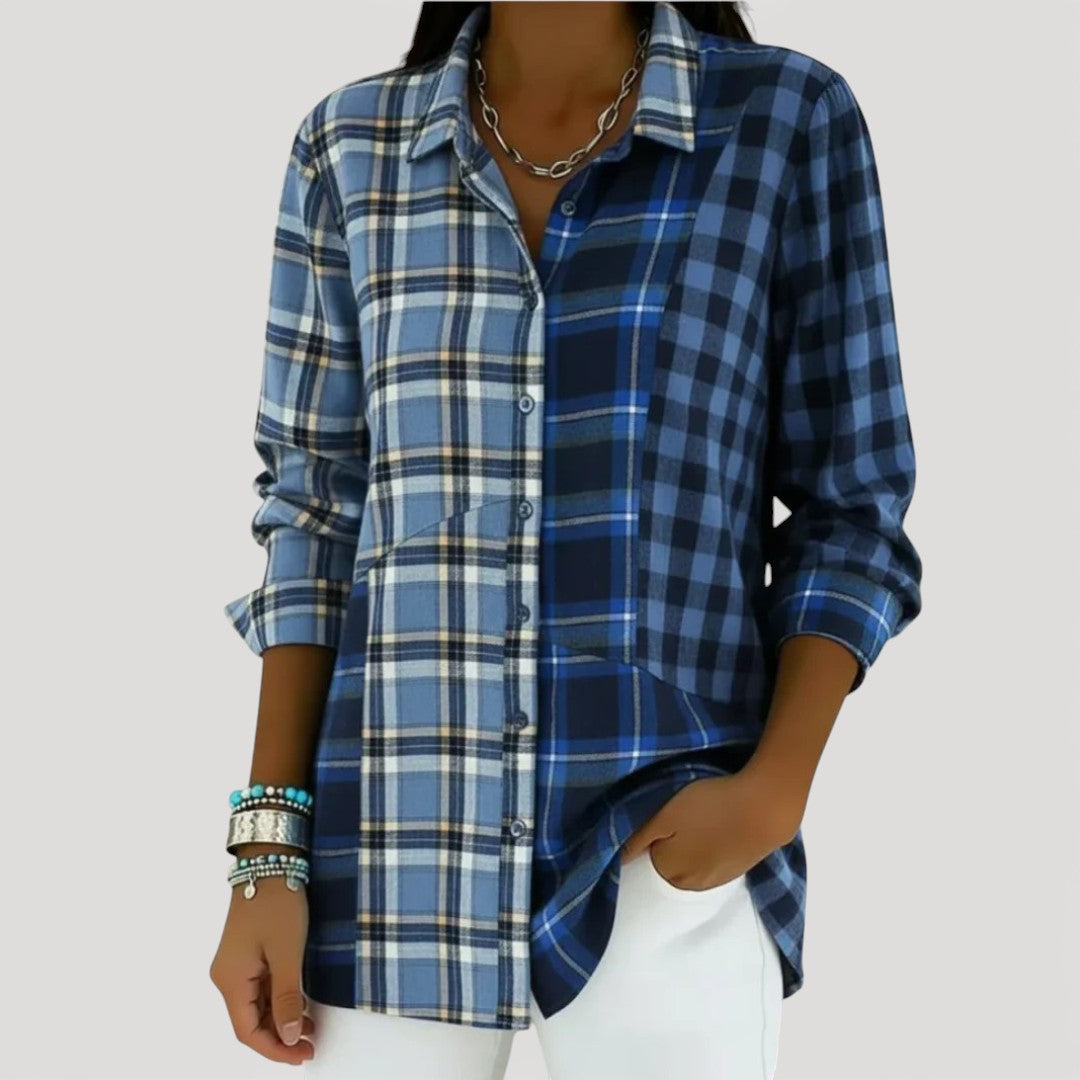 Chemise boutonnée à carreaux patchwork décontractée pour femme