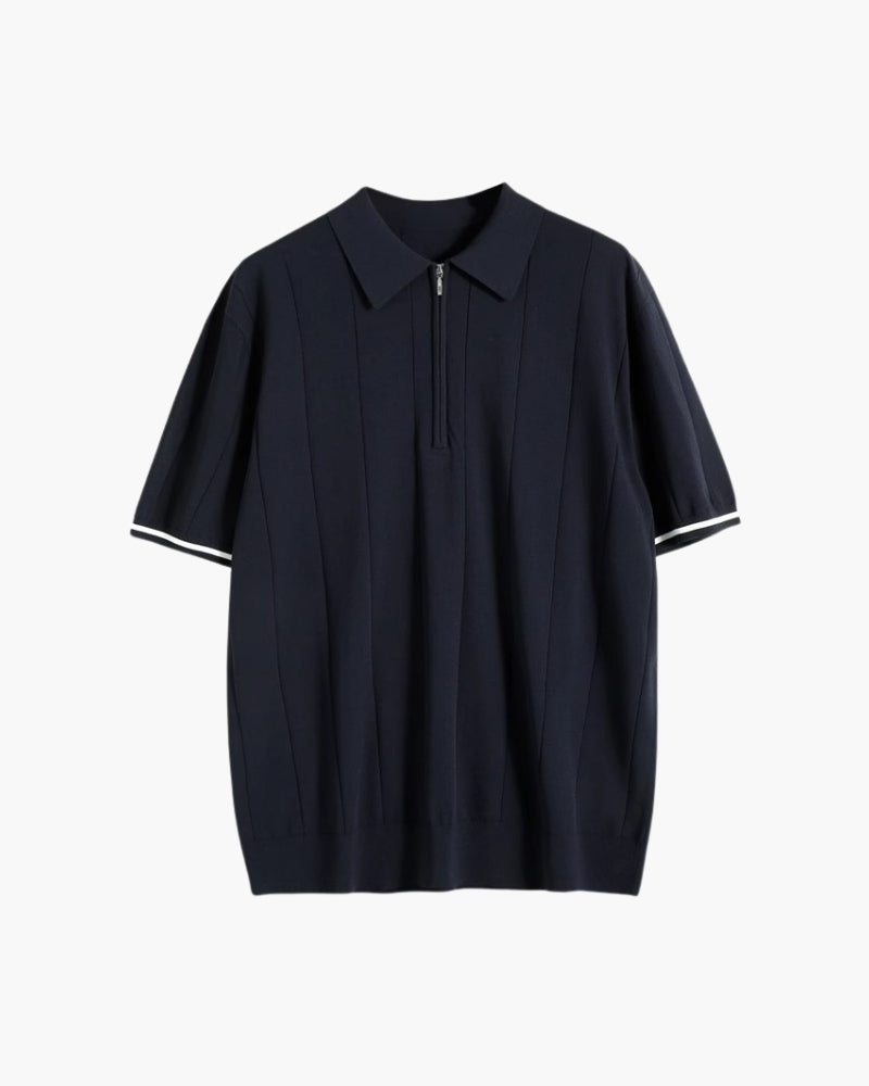 Men's Refined Vertical Rib-Knit Quarter Zip Polo with Contrast Sleeve Trim and Tailored Stretch Fit