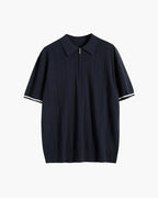 Men's Refined Vertical Rib-Knit Quarter Zip Polo with Contrast Sleeve Trim and Tailored Stretch Fit
