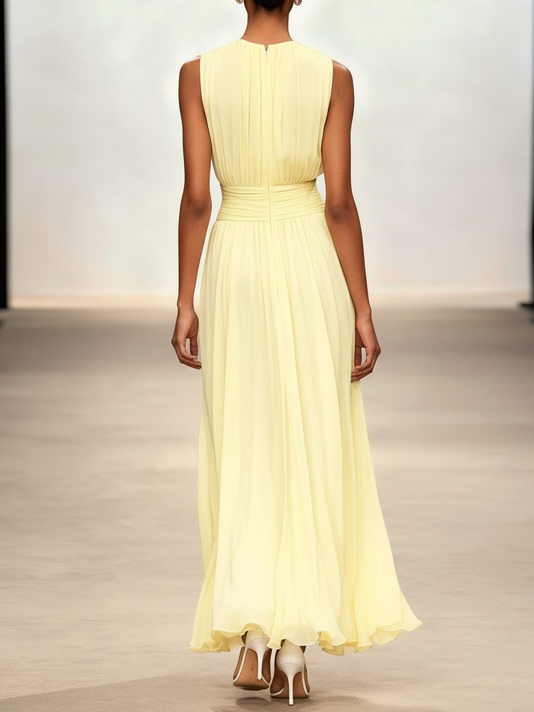 Ärmelloses Chiffon-Maxikleid für Damen mit geraffter Taille und fließendem Saum