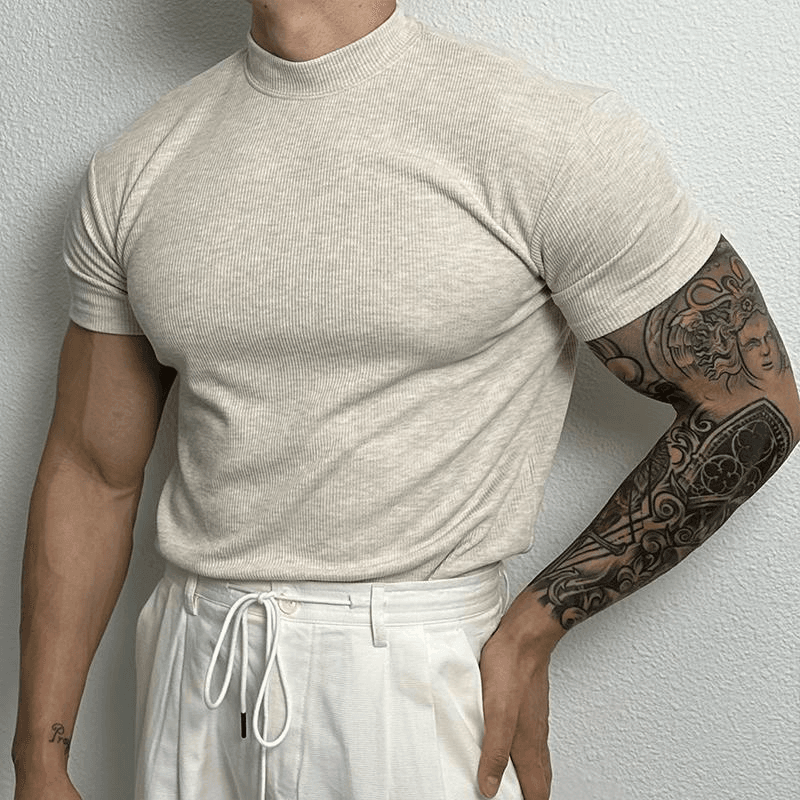 Herren Slim Fit T-Shirt mit gerippter Struktur Atmungsaktiv Stretch Aktiver Stil