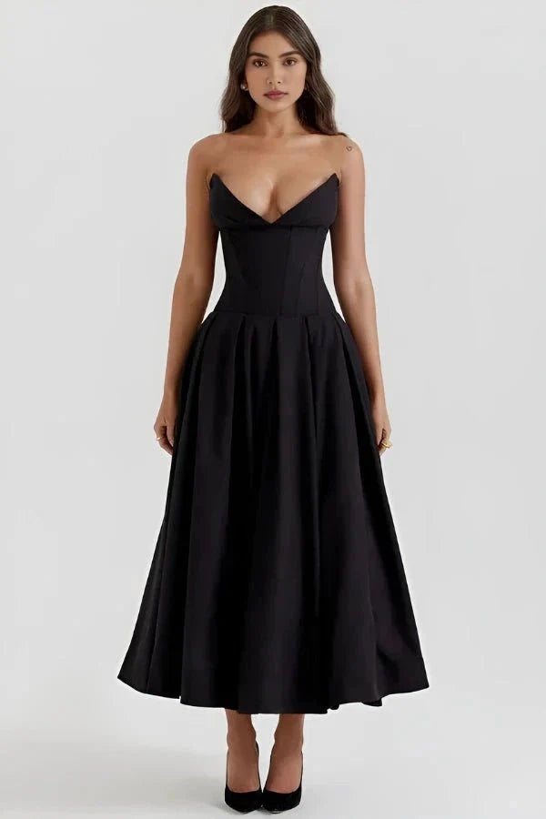 Damenmidikleid mit Korsettoberteil, voluminösem Rock und strukturiertem Design
