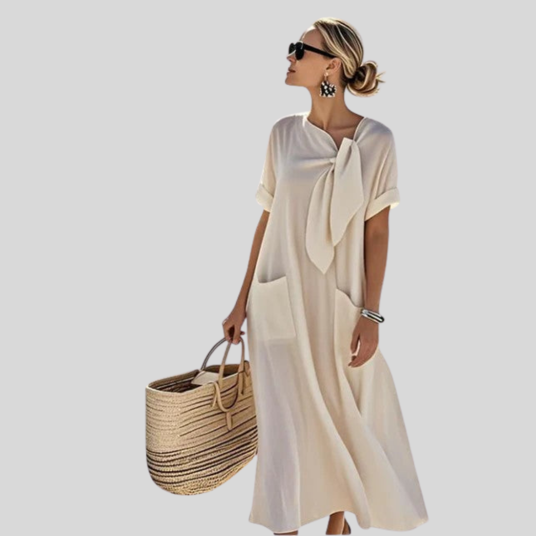 Women's Relaxed Midi Dress with Tie Neck and Pockets for Effortless Summer Style