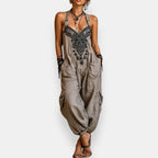 Women's Bohemian Embroidered Harem Jumpsuit with Adjustable Shoulder Straps