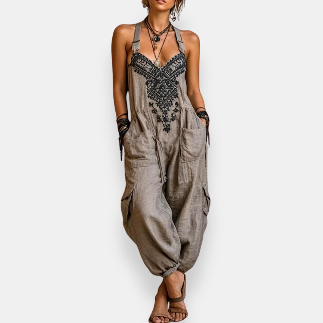 Women's Bohemian Embroidered Harem Jumpsuit with Adjustable Shoulder Straps