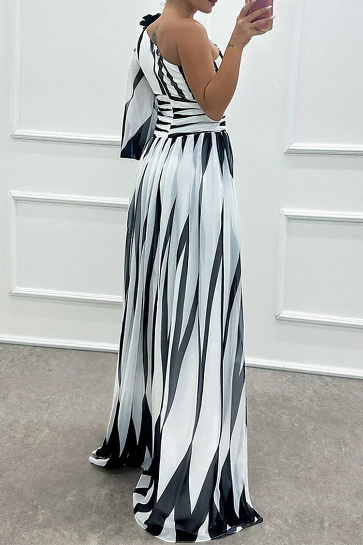 Women's One-Shoulder Striped Evening Gown with Dramatic Puff Sleeve