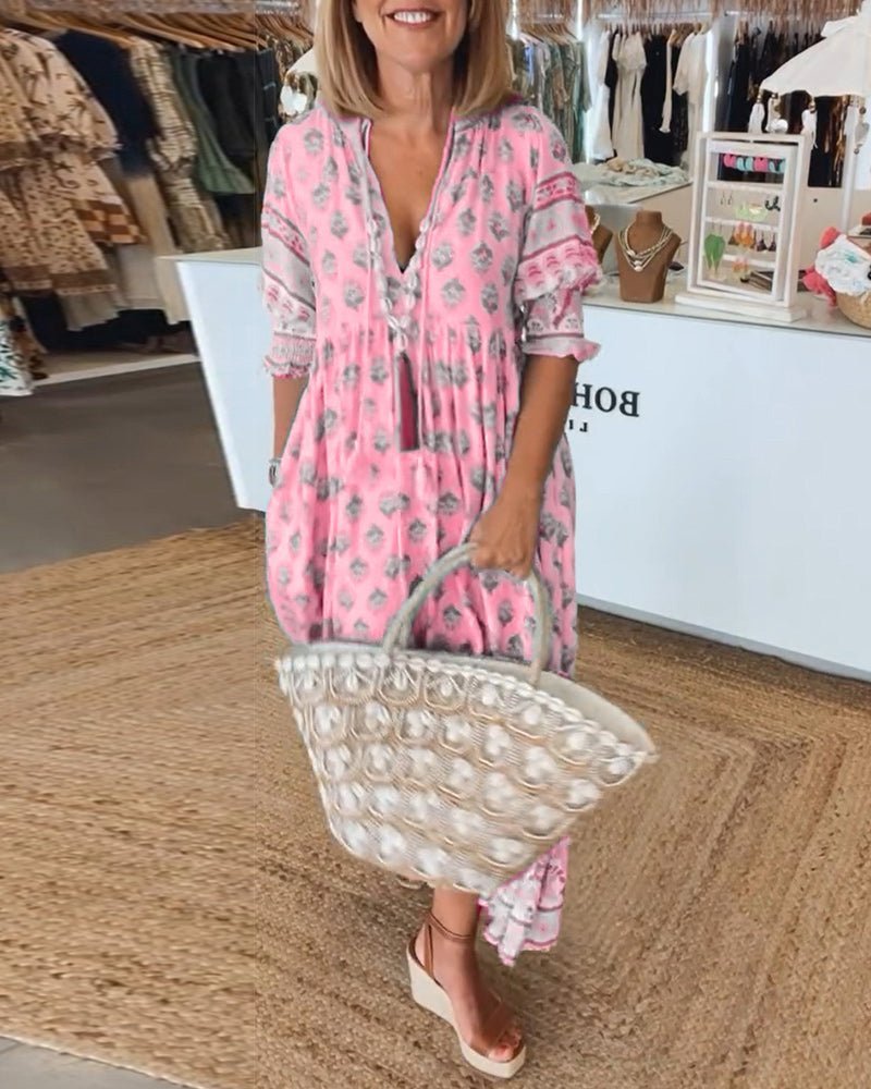 Women's Bohemian Print Maxi Dress with Tassel Tie Neckline