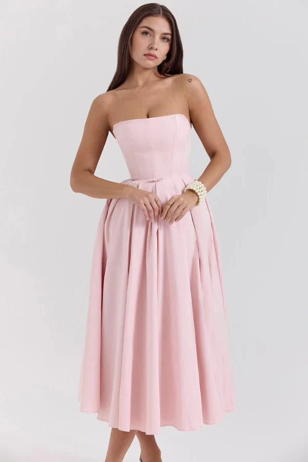 Women's Strapless Midi Dress with Corset Bodice and Pleated Skirt Design