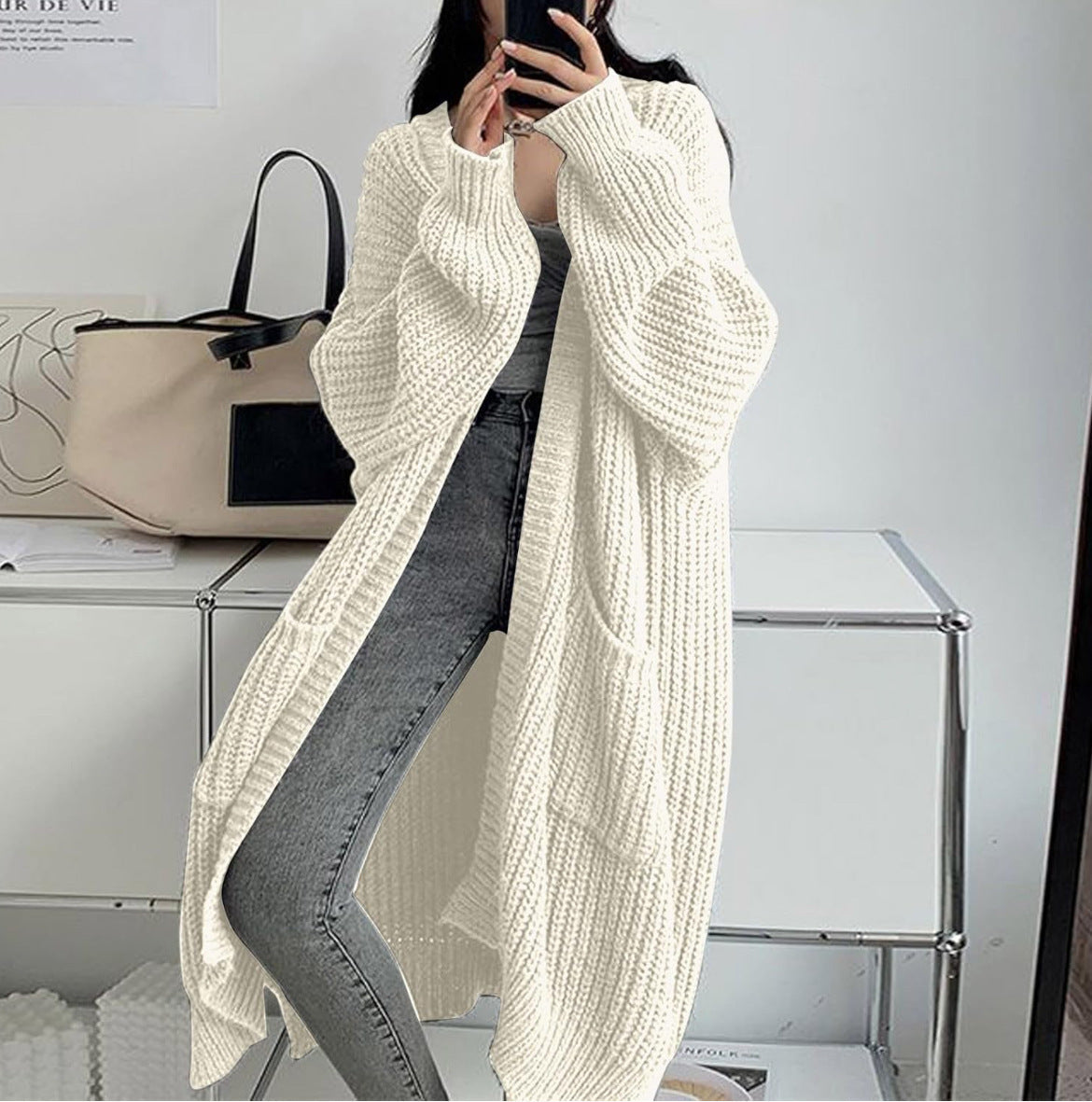 Lange Strickjacke für Damen mit offener Vorderseite