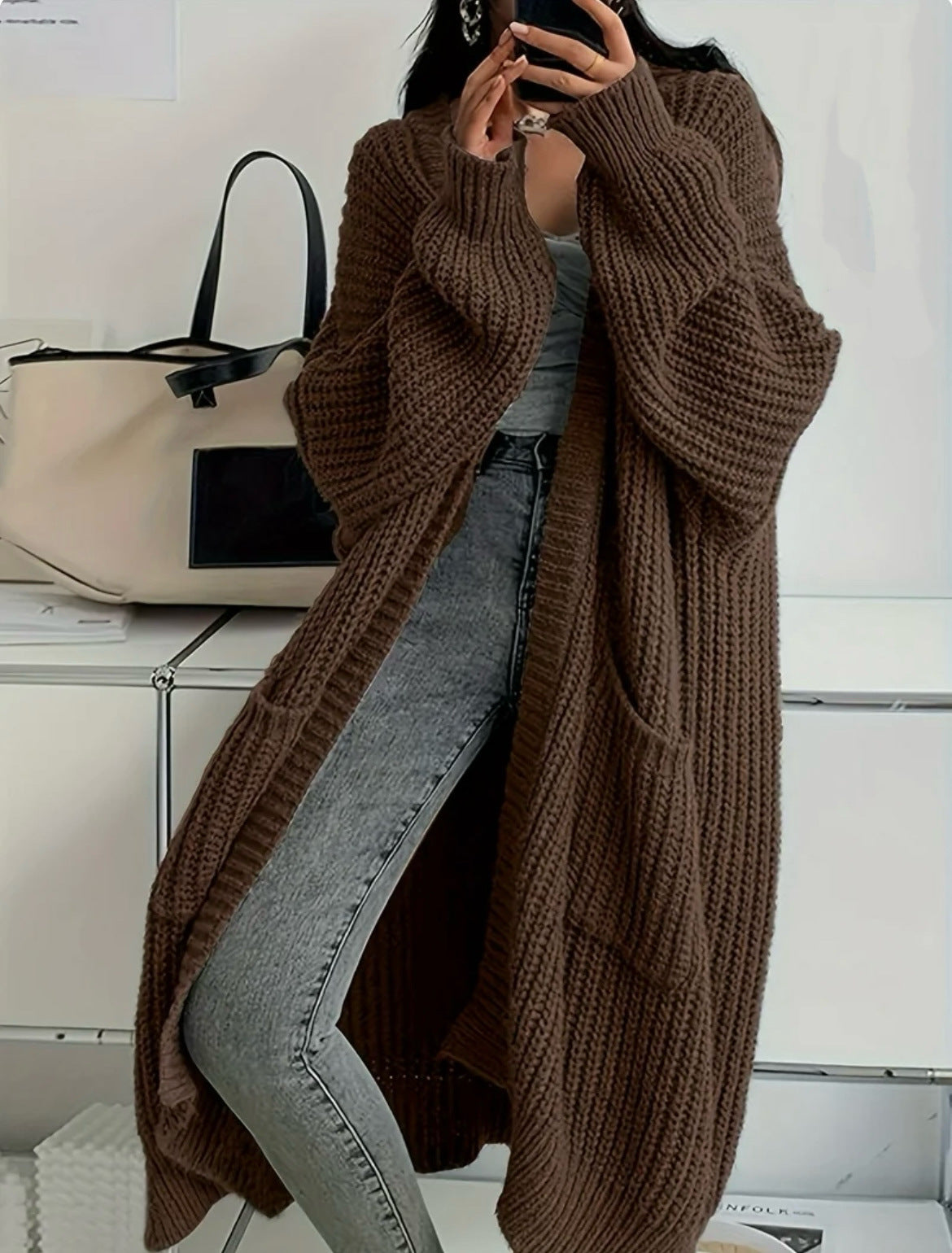 Lange Strickjacke für Damen mit offener Vorderseite