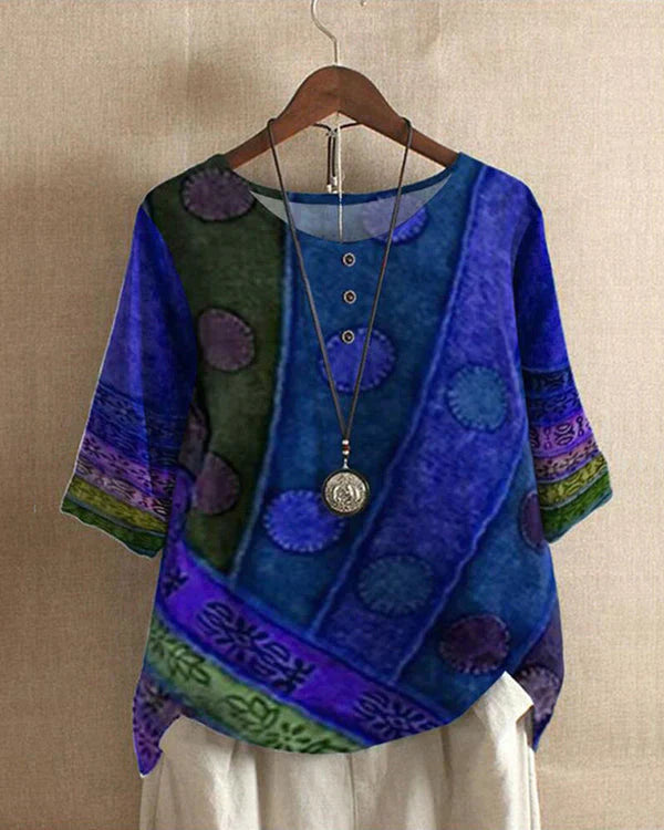Women Artistic Patchwork Blouse with Relaxed Fit and Breathable Comfort