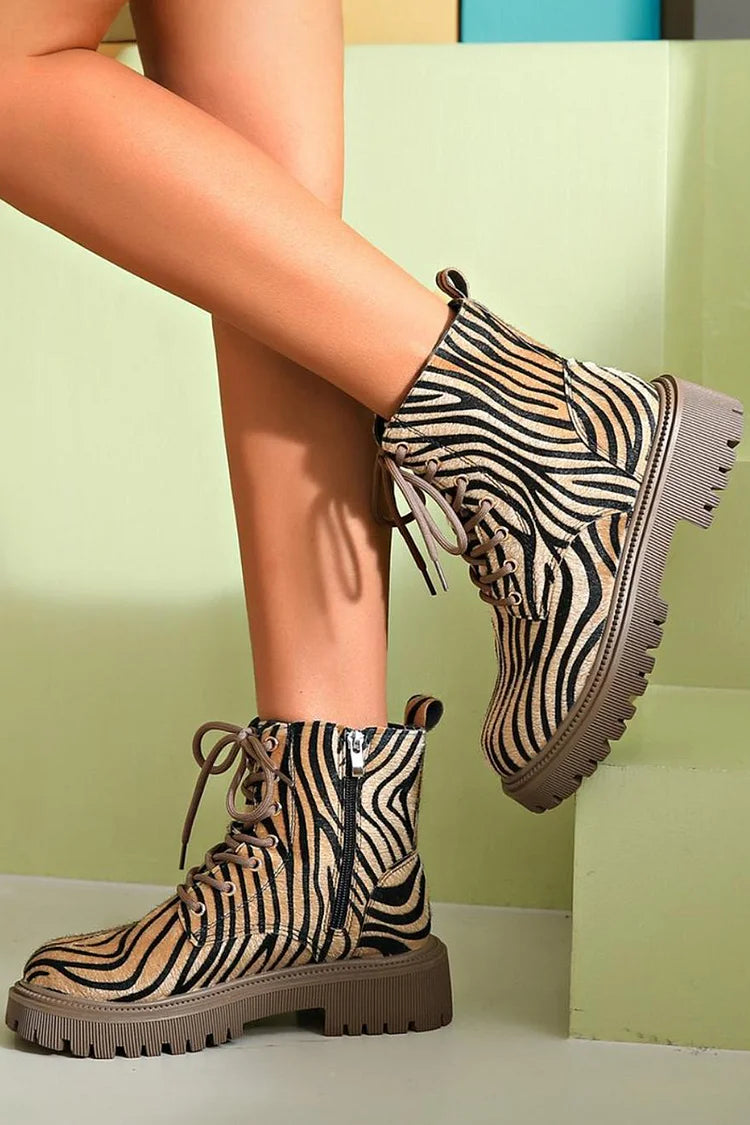 Women's Zebra Print Lace-Up Ankle Boots