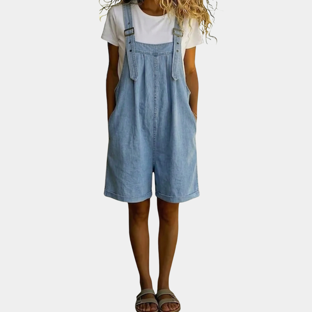 Dame-jardineer i denim med bermudashorts