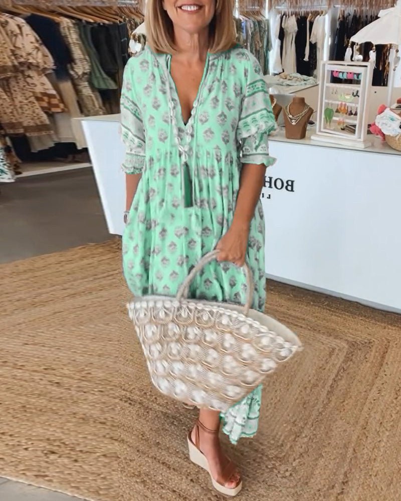 Women's Bohemian Print Maxi Dress with Tassel Tie Neckline