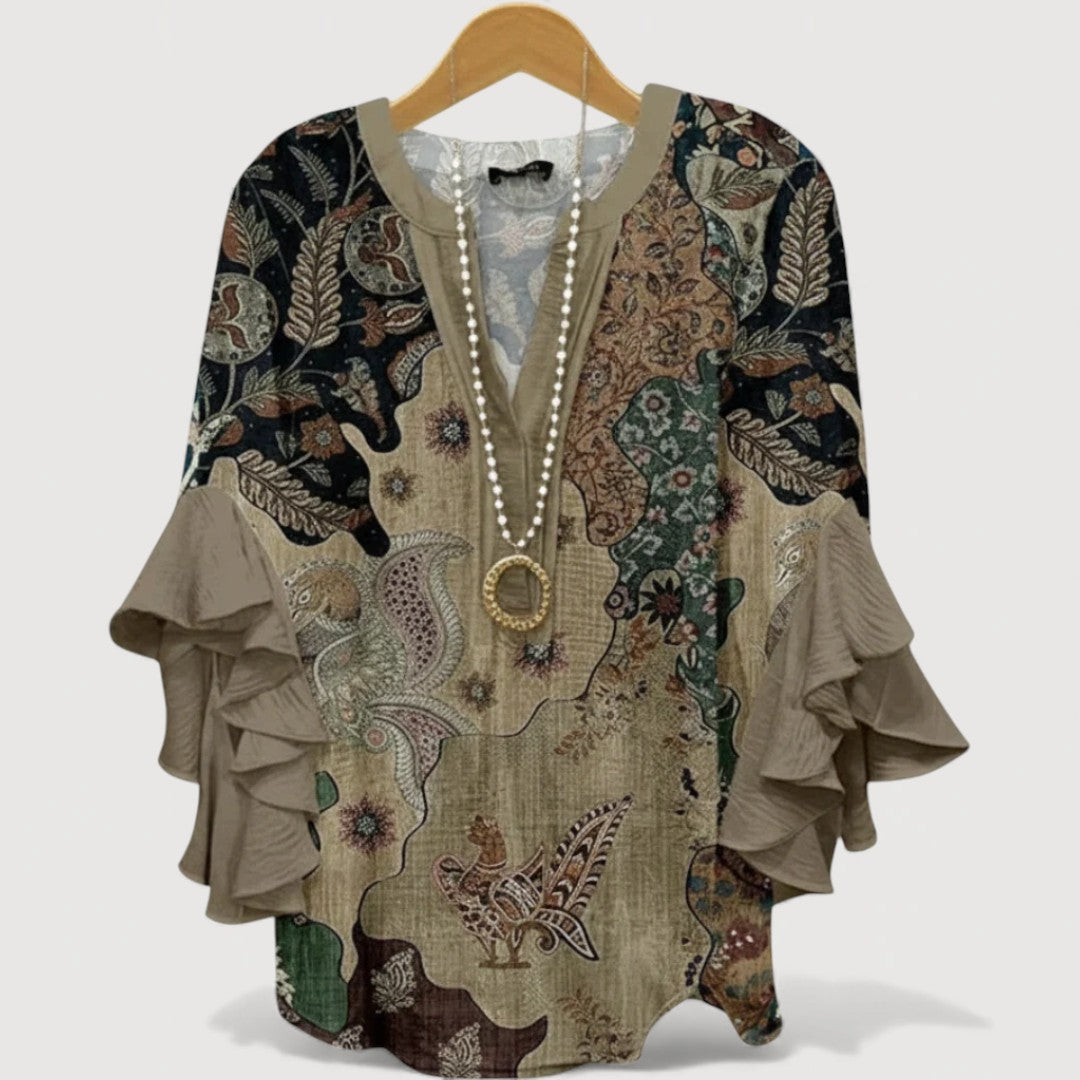 Blusa da donna boho con stampa e maniche a volant