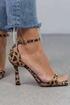 Women's Animal Print Heeled Sandals with Ankle Strap for Evening Wear