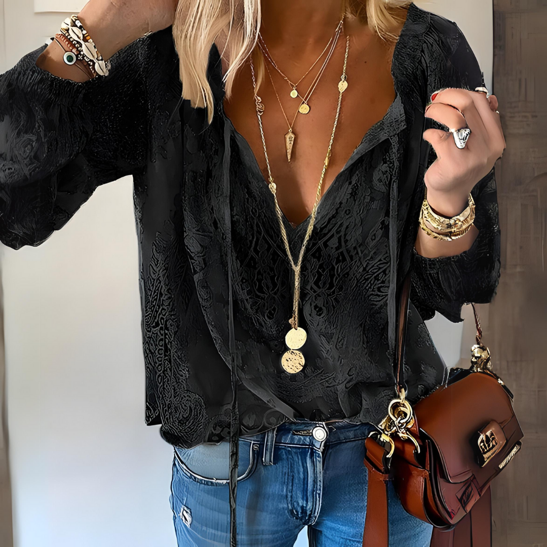 Women's Bohemian Blouse with Split Neckline and Long Sleeves