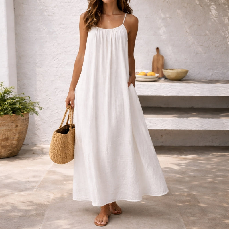 Damen Maxikleid mit Spaghettiträgern, ärmellos und Seitentaschen