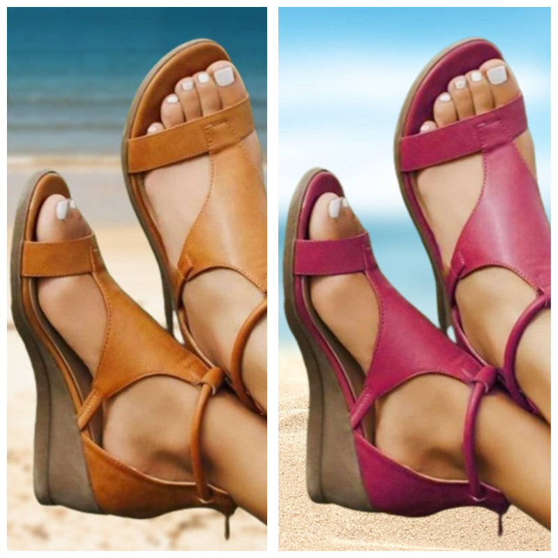 Damen T-Riemen Keilabsatz Komfortsandalen