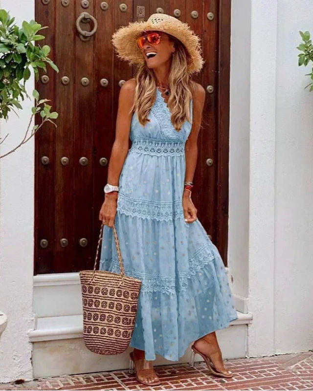Women's Bohemian Maxi Dress with Lace Panels and Flowing A-Line Fit