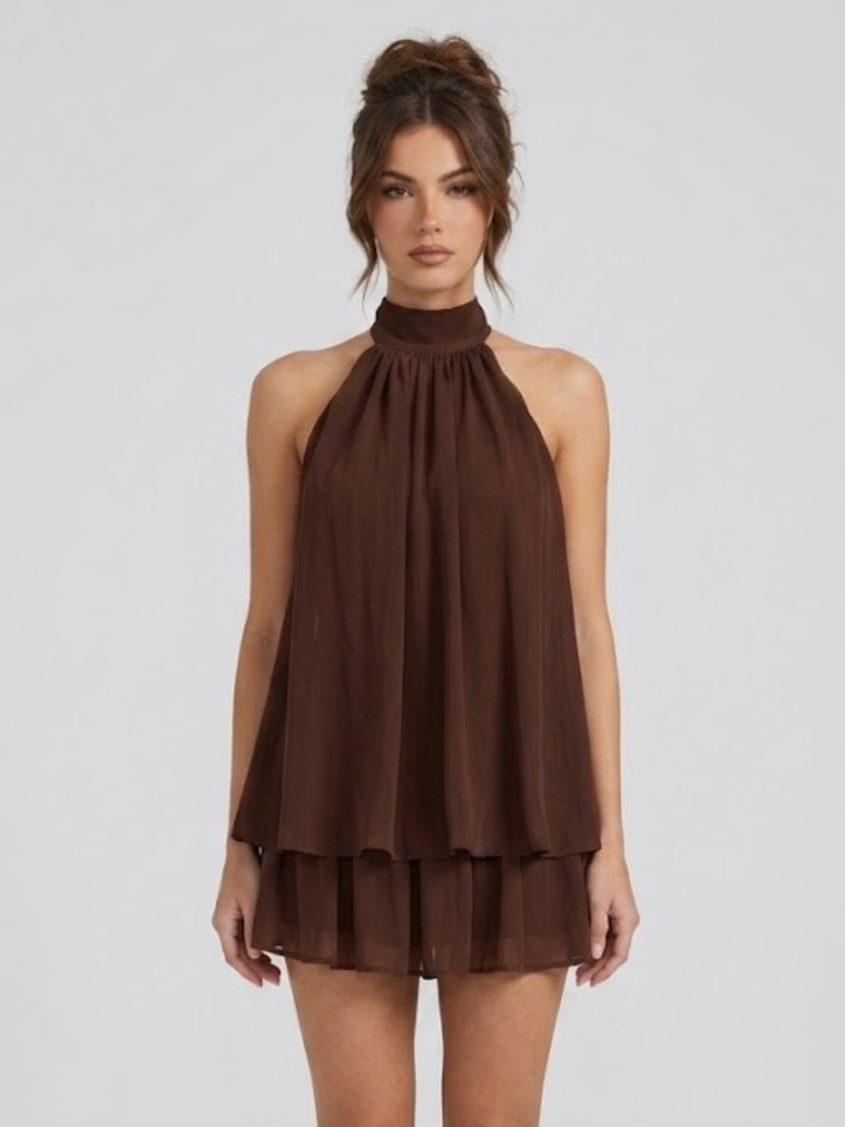 Women's Elegant Halter Neck Layered Chiffon Mini Dress