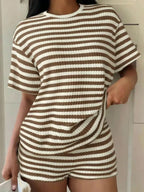 Women's Textured Stripe Lounge Set With Short Sleeve Top And Shorts