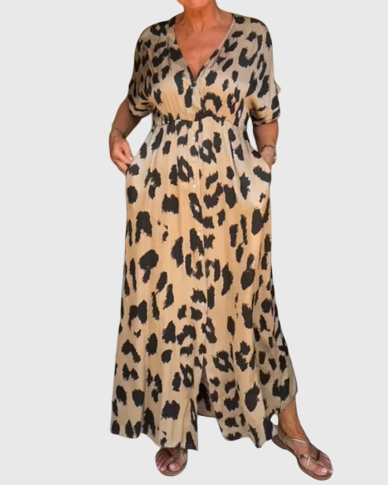 Vestido largo de mujer con estampado animal y escote en V