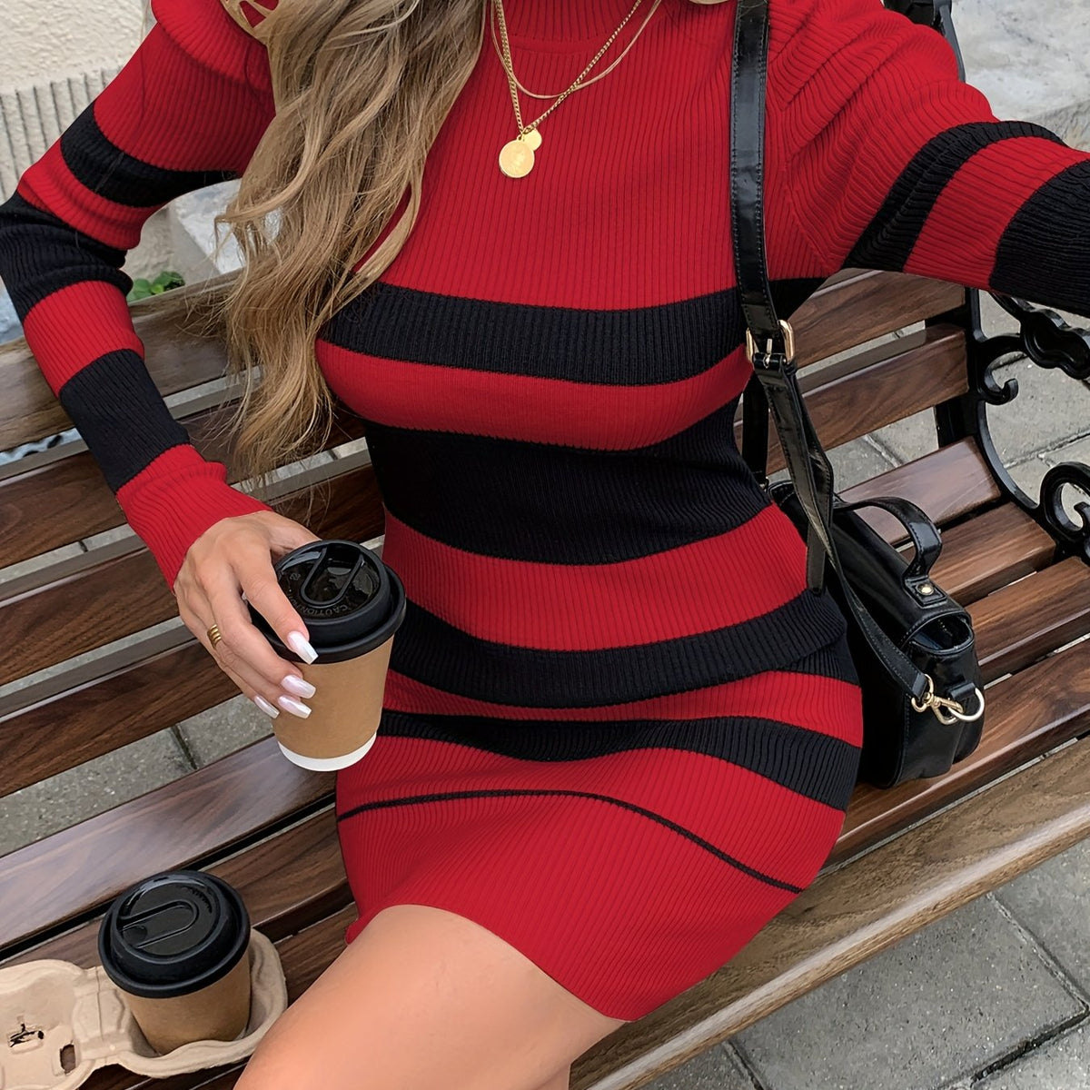 Women’s Ribbed Striped Mini Dress with Ruched Shoulders