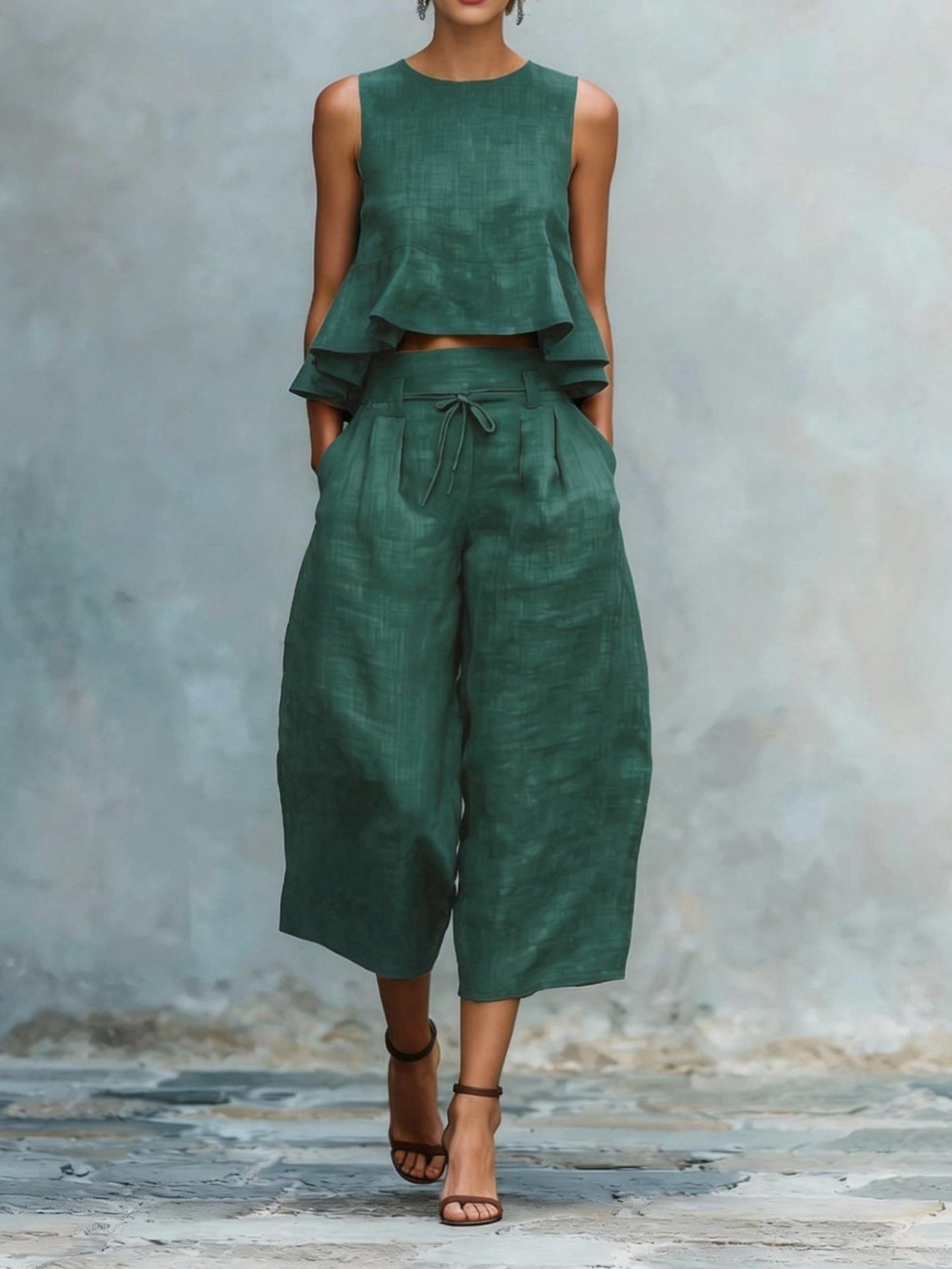 Women's Linen Two-Piece Set with Sleeveless Top and Wide-Leg Trousers