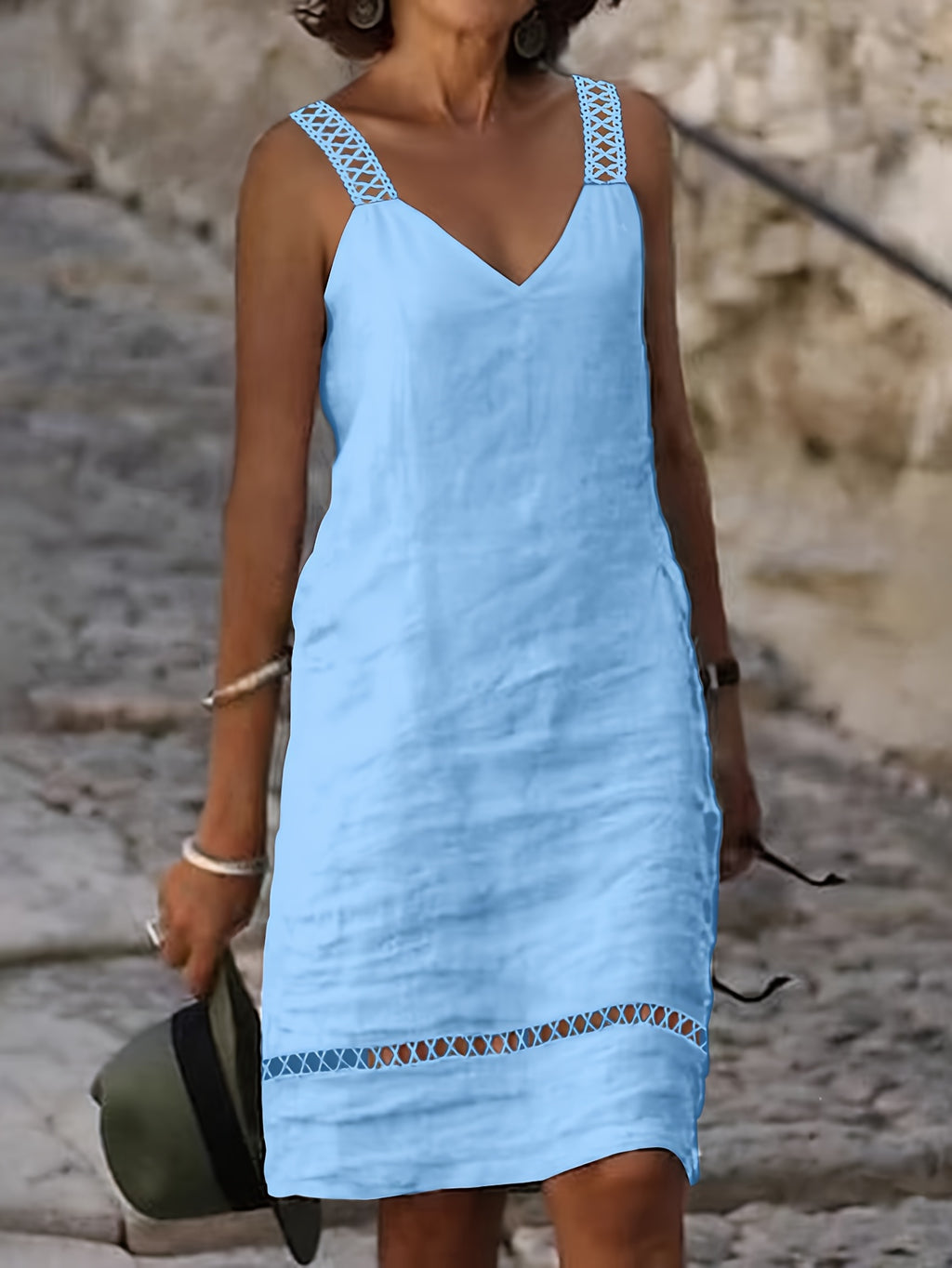 Women's Sleeveless V-Neck Lace Trim Casual Midi Dress