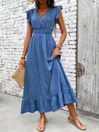 Women's Ruffle Sleeve V-Neck Smocked Waist Maxi Dress