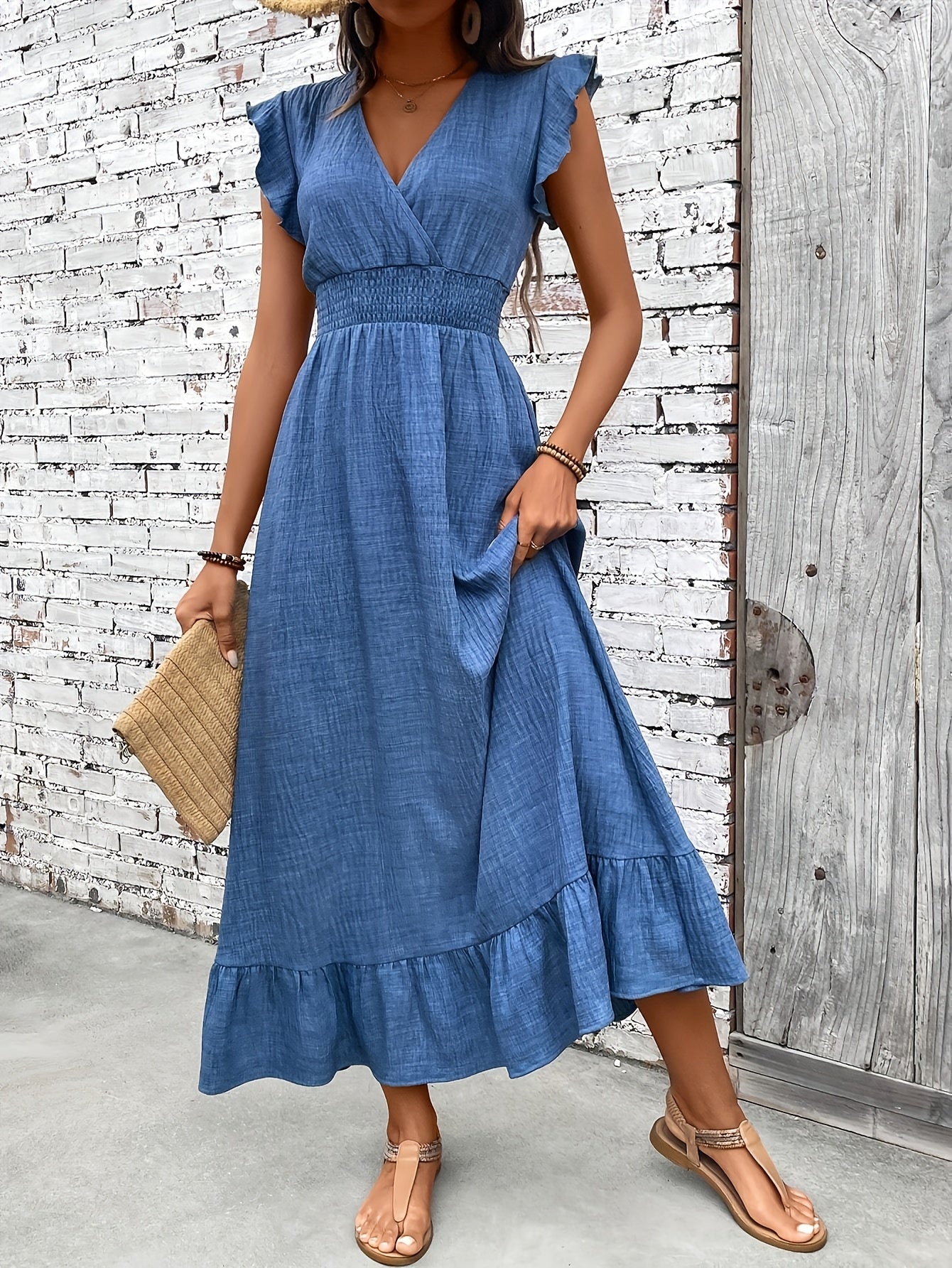 Women's Ruffle Sleeve V-Neck Smocked Waist Maxi Dress
