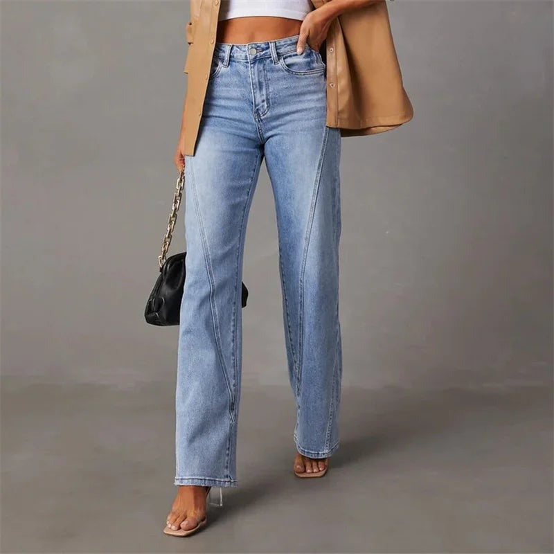 Women's High-Waisted Wide-Leg Jeans with Panel Detailing for Everyday Wear