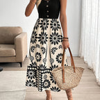 Women’s Retro Floral Midi Dress with Sleeveless Flowing Design
