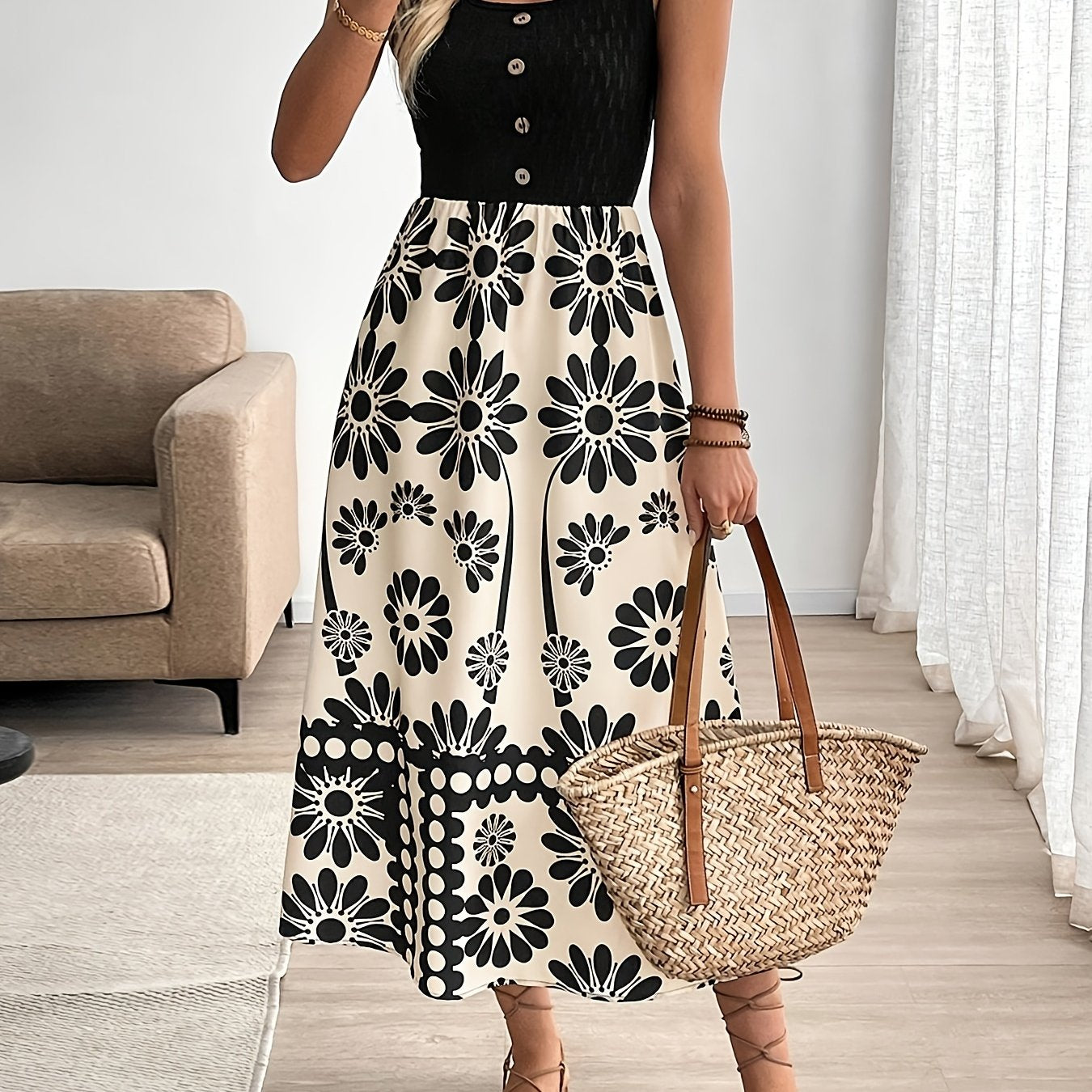 Women’s Retro Floral Midi Dress with Sleeveless Flowing Design