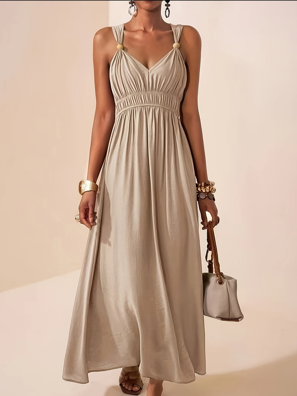 Women's Sleeveless Maxi Dress with V-Neck and Beaded Strap Details