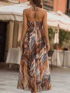 Women's Feather Print Halter Neck Maxi Dress