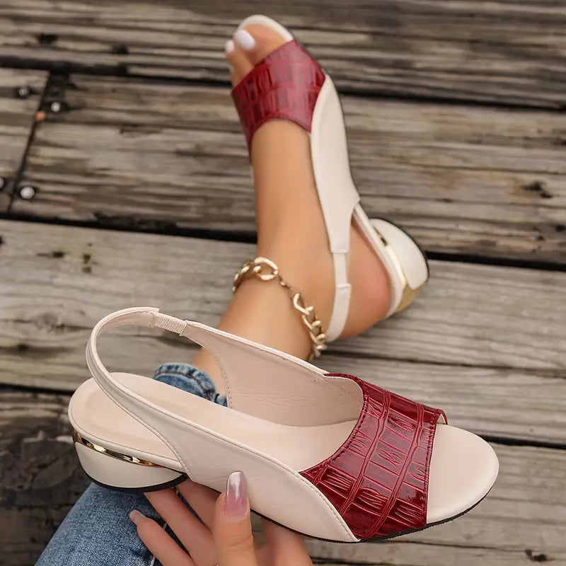 Damen-Slingback-Sandalen mit Farbblock, Krokoprägung am Riemen, offenem Zehenbereich und niedrigem Blockabsatz