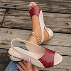 Damen-Slingback-Sandalen mit Farbblock, Krokoprägung am Riemen, offenem Zehenbereich und niedrigem Blockabsatz